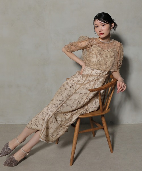 シャーリングスリーブ 総レース フェミニン パーティー ドレス　Kana シャーリングスリーブ 総レース フェミニン パーティー ドレス 結婚式