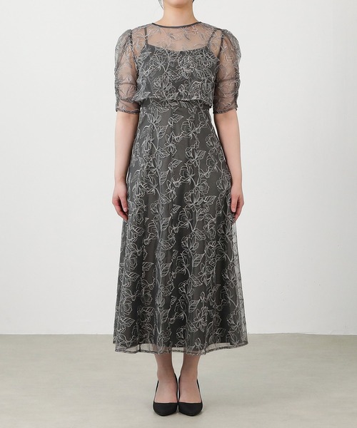 シャーリングスリーブ 総レース フェミニン パーティー ドレス 結婚式