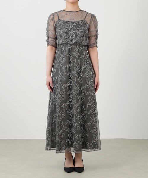 シャーリングスリーブ 総レース フェミニン パーティー ドレス 結婚式