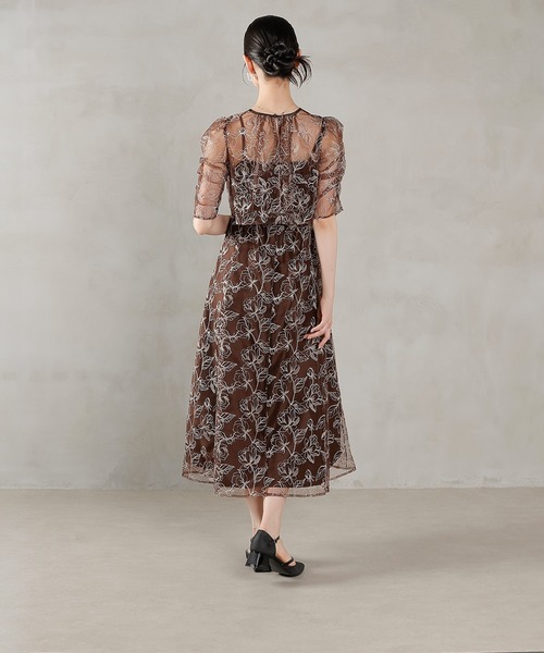 シャーリングスリーブ 総レース フェミニン パーティー ドレス