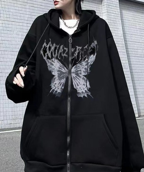 パーカー バタフライグラフィックオーバーサイズフーディー レディース X-girl パーカー BUTTERFLY ZIP UP HOODIE レディース メンズ