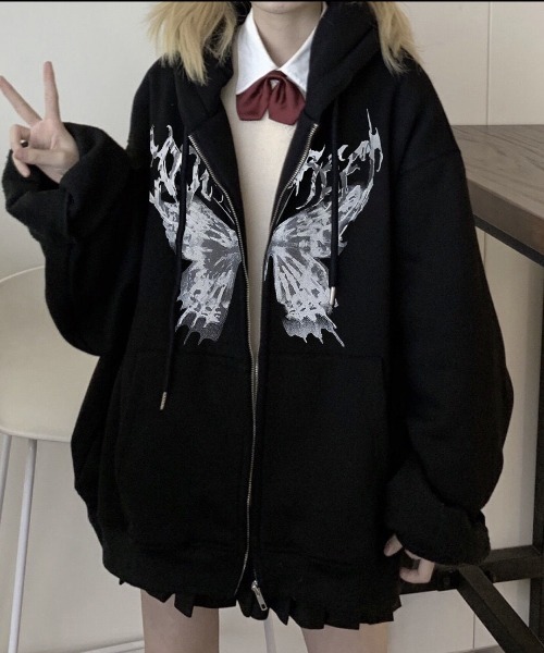 パーカー バタフライグラフィックオーバーサイズフーディー レディース X-girl パーカー BUTTERFLY ZIP UP HOODIE レディース メンズ