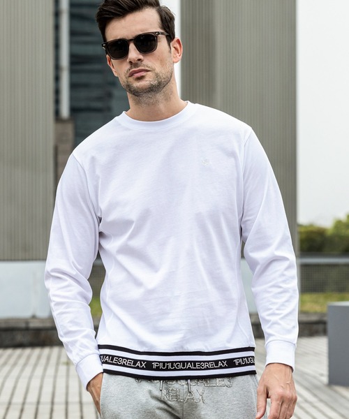 国内発送【1PIU1UGUALE3RELAX】ラインストーンヘムロングTシャツ 人気□1PIU1UGUALE3 RELAX□ラインストーンヘムロングTシャツ