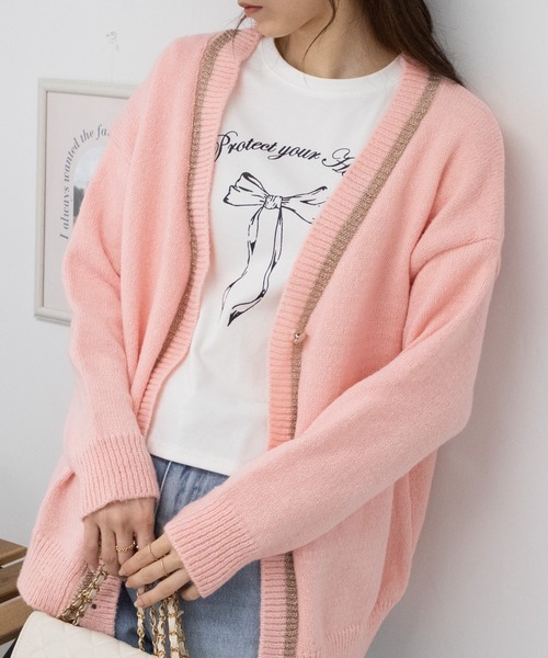 pumpkin port(パンプキンポート)の「ラメライン Vネック ニット 長袖 カーディガン(カーディガン/ボレロ・レディース・ベージュ/ホワイト/ピンク/ブラック/グレー・M)」の5枚目の写真