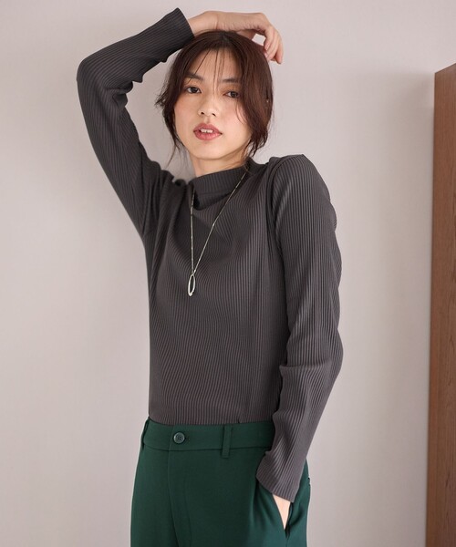 ANY(エニィ)の「テレコハイネックロングスリーブTシャツ(Tシャツ/カットソー・レディース・ライトグレー系/ブラック系/グレー系・4)」の1枚目の写真