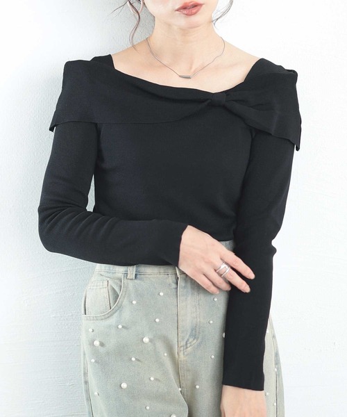 Sawa a la mode(サワアラモード)の「リボンカラーニットトップス(ニット/セーター・レディース・ブルー/ブラック・FREE)」の1枚目の写真