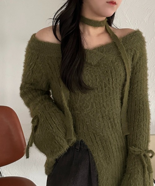 apres jour mignon(アプレジュールミニョン)の「【apresjour mignon SOIE】シャギースリットリボンニット【ZOZOTOWN限定アイテム】(ニット/セーター・レディース・ダークブラウン/カーキ/ブラック/アイボリー・フリー/X-LARGE)」の4枚目の写真