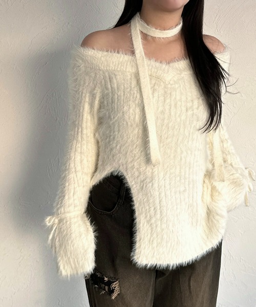 apres jour mignon(アプレジュールミニョン)の「【apresjour mignon SOIE】シャギースリットリボンニット【ZOZOTOWN限定アイテム】(ニット/セーター・レディース・ダークブラウン/カーキ/ブラック/アイボリー・フリー/X-LARGE)」の6枚目の写真