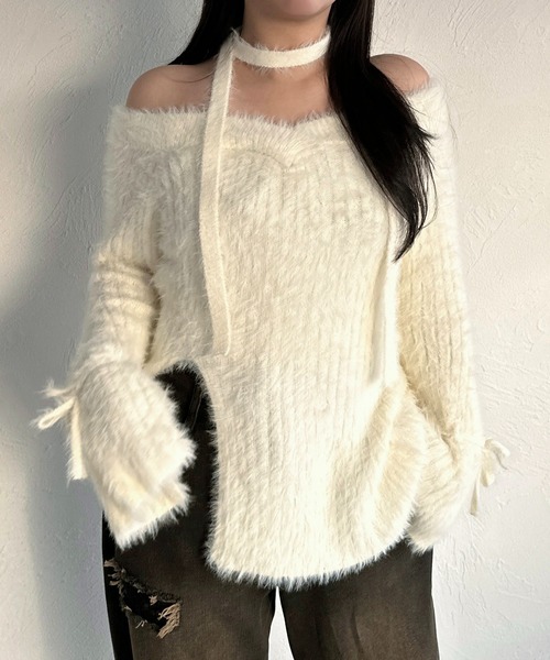 apres jour mignon(アプレジュールミニョン)の「【apresjour mignon SOIE】シャギースリットリボンニット【ZOZOTOWN限定アイテム】(ニット/セーター・レディース・ダークブラウン/カーキ/ブラック/アイボリー・フリー/X-LARGE)」の7枚目の写真