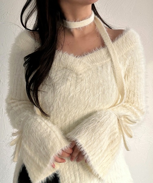 apres jour mignon(アプレジュールミニョン)の「【apresjour mignon SOIE】シャギースリットリボンニット【ZOZOTOWN限定アイテム】(ニット/セーター・レディース・ダークブラウン/カーキ/ブラック/アイボリー・フリー/X-LARGE)」の8枚目の写真