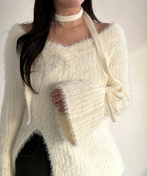 apres jour mignon(アプレジュールミニョン)の「【apresjour mignon SOIE】シャギースリットリボンニット【ZOZOTOWN限定アイテム】(ニット/セーター・レディース・ダークブラウン/カーキ/ブラック/アイボリー・フリー/X-LARGE)」の9枚目の写真