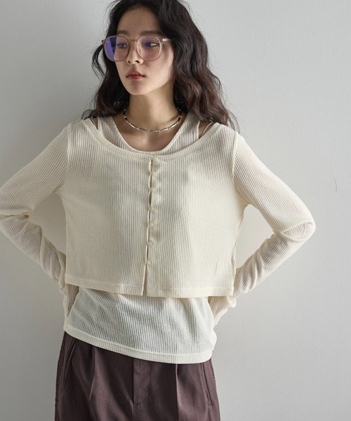 THE YOn（ザヨン）の「シアーリブカーディガン×タンクアンサンブル（Tシャツ/カットソー・レディース・ブラック/アイボリー/ピンク/ライトグレー・FREE）」の5枚目の写真