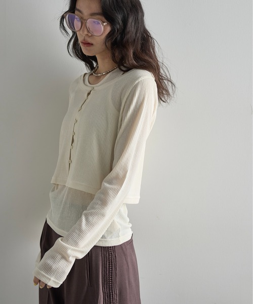 THE YOn（ザヨン）の「シアーリブカーディガン×タンクアンサンブル（Tシャツ/カットソー・レディース・ブラック/アイボリー/ピンク/ライトグレー・FREE）」の7枚目の写真