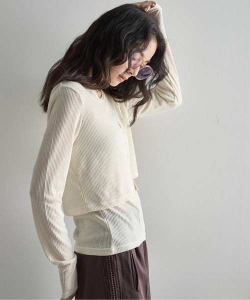 THE YOn（ザヨン）の「シアーリブカーディガン×タンクアンサンブル（Tシャツ/カットソー・レディース・ブラック/アイボリー/ピンク/ライトグレー・FREE）」の9枚目の写真