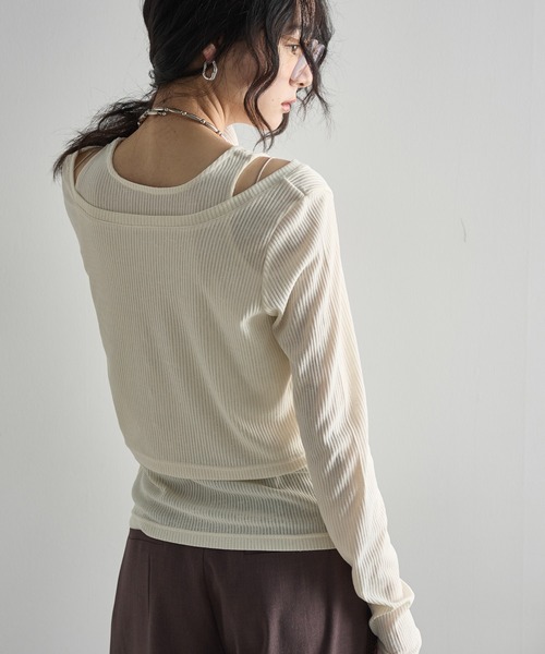 THE YOn（ザヨン）の「シアーリブカーディガン×タンクアンサンブル（Tシャツ/カットソー・レディース・ブラック/アイボリー/ピンク/ライトグレー・FREE）」の10枚目の写真