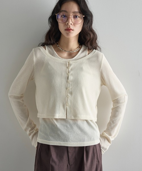 THE YOn（ザヨン）の「シアーリブカーディガン×タンクアンサンブル（Tシャツ/カットソー・レディース・ブラック/アイボリー/ピンク/ライトグレー・FREE）」の6枚目の写真