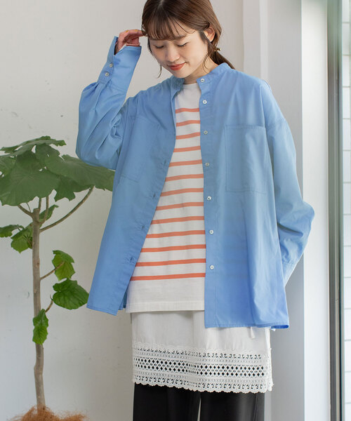 POU DOU DOU（プードゥドゥ）の「バンドカラーポケットシャツ（シャツ/ブラウス・レディース・ラベンダー/オフホワイト/ブルー・M）」の13枚目の写真