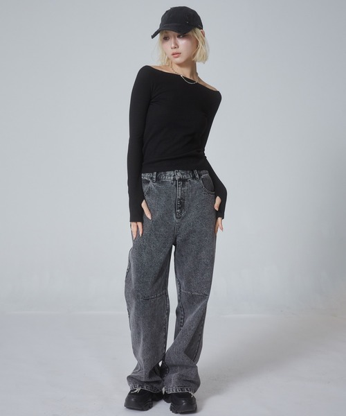 ENVYM（アンビー）の「フィンガーホール ラメリブオフショルトップス（Tシャツ/カットソー・レディース・ブラック/アイボリー/ブルー/グレー・FREE）」の10枚目の写真