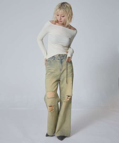 ENVYM（アンビー）の「フィンガーホール ラメリブオフショルトップス（Tシャツ/カットソー・レディース・ブラック/アイボリー/ブルー/グレー・FREE）」の20枚目の写真