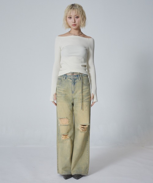 ENVYM（アンビー）の「フィンガーホール ラメリブオフショルトップス（Tシャツ/カットソー・レディース・ブラック/アイボリー/ブルー/グレー・FREE）」の21枚目の写真