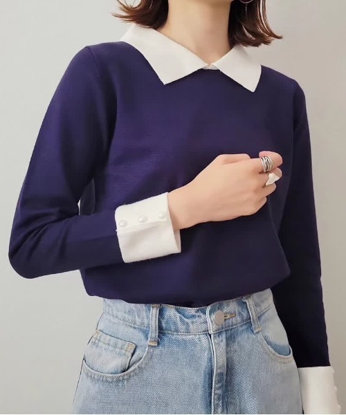 aquagarage（アクアガレージ）の「ポイントパール襟付きニット（ニット/セーター・レディース・ネイビー/ベージュ/ブラック・L/M）」の3枚目の写真