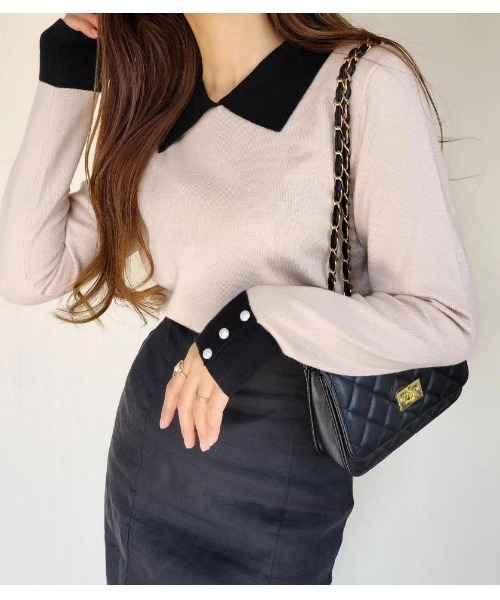 aquagarage（アクアガレージ）の「ポイントパール襟付きニット（ニット/セーター・レディース・ネイビー/ベージュ/ブラック・L/M）」の5枚目の写真