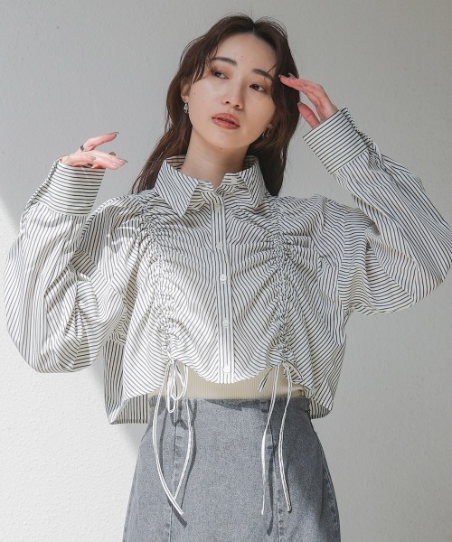 Bab（バブ）の「ストライプシャーリング リボンブラウス（シャツ/ブラウス・レディース・オフホワイト/サックスブルー/ブラック・M）」の2枚目の写真