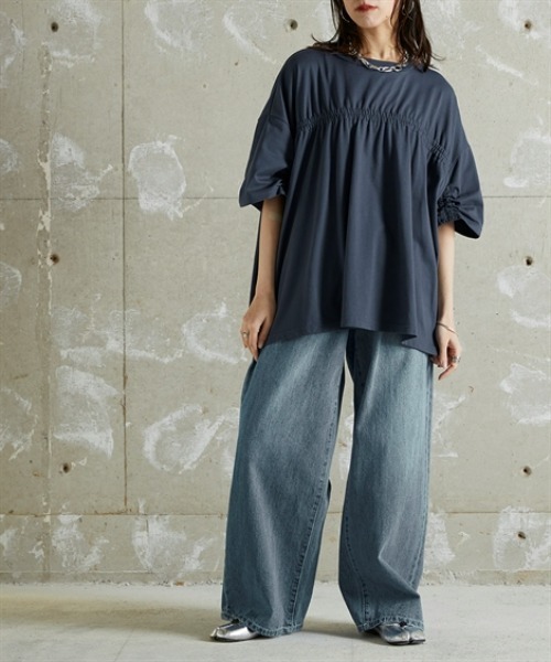 Soiunique（スワユニーク）の「前後ギャザードルマンシルエットゆったりサイズTシャツ ［Soiunique］（Tシャツ/カットソー・レディース・ブルー/ブラック/カーキ・S～Ｍ/L～LL）」の6枚目の写真