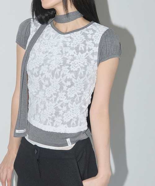 FANCY CLUB(ファンシークラブ)の「FANCY CLUB/レーススカーフSET T(Tシャツ/カットソー・レディース・グレー/ブラック・FREE)」の2枚目の写真