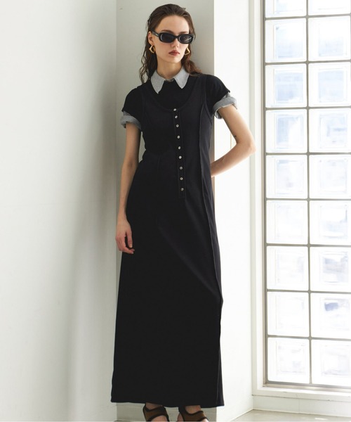 MAISON SPECIAL(メゾンスペシャル)の「Henry Neck Layered Cut And Sew Dress/ヘンリーネックレイヤードカットワンピース(ワンピース・レディース・ブラック/レッド/グレー・38/36)」の1枚目の写真