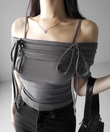 【 3color 】ストラップダブルリボンギャザーオフショルトップス / strap double ribbon gather offshoulder tops ※※