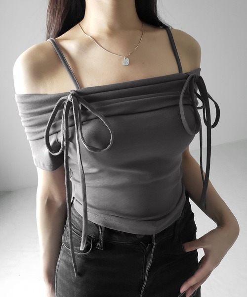 me+em select(ミームセレクト)の「【 3color 】ストラップダブルリボンギャザーオフショルトップス / strap double ribbon gather offshoulder tops ※※(Tシャツ/カットソー・レディース・ブラック/グレー/ホワイト・FREE)」の19枚目の写真