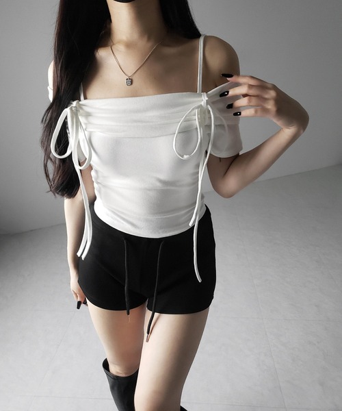 me+em select(ミームセレクト)の「【 3color 】ストラップダブルリボンギャザーオフショルトップス / strap double ribbon gather offshoulder tops ※※(Tシャツ/カットソー・レディース・ブラック/グレー/ホワイト・FREE)」の14枚目の写真