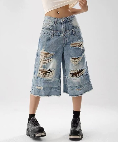 ダブルウエスト クラッシュ ハーフデニムパンツ