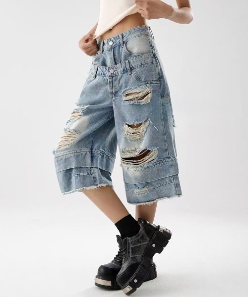 ダブルウエスト クラッシュ ハーフデニムパンツ