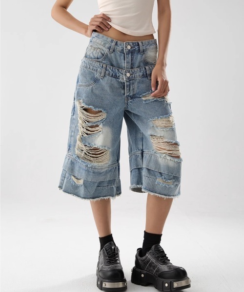 ダブルウエスト クラッシュ ハーフデニムパンツ