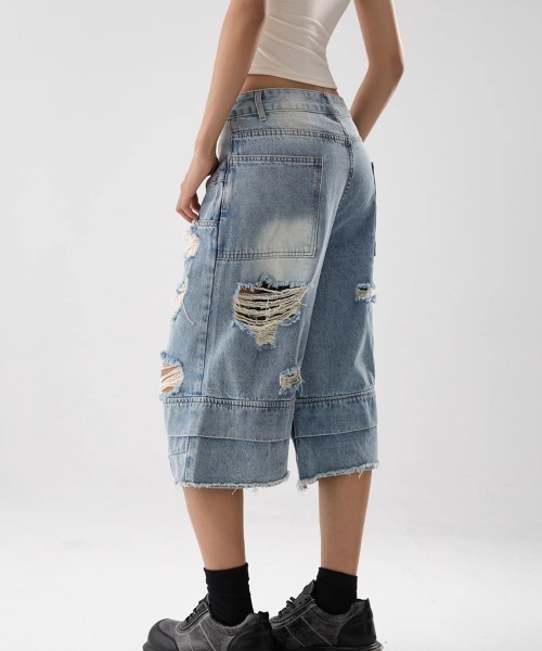 ダブルウエスト クラッシュ ハーフデニムパンツ