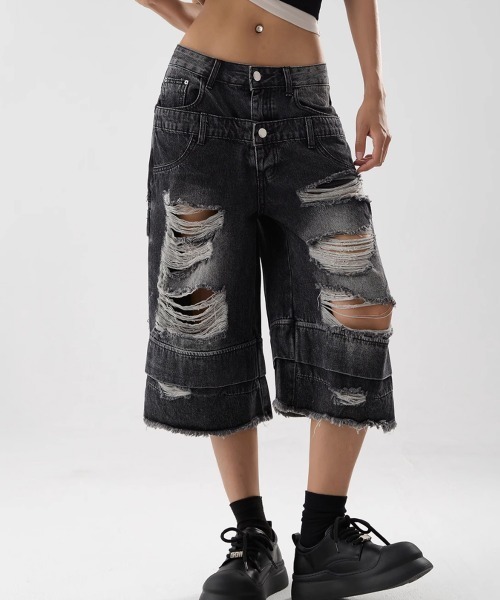 ダブルウエスト クラッシュ ハーフデニムパンツ