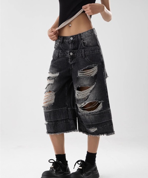 ダブルウエスト クラッシュ ハーフデニムパンツ