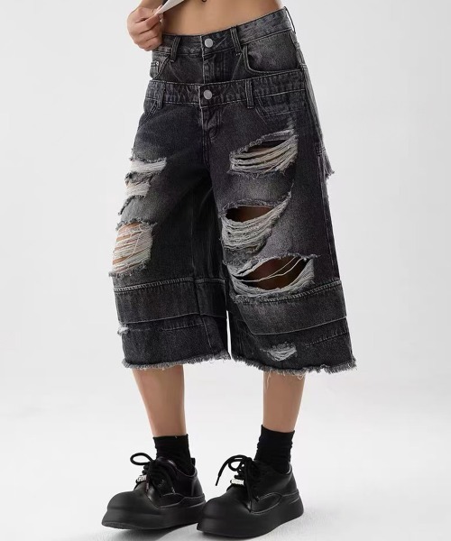 ダブルウエスト クラッシュ ハーフデニムパンツ