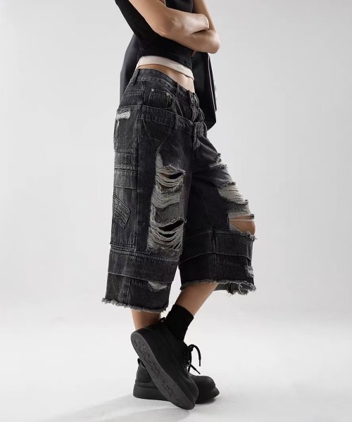 ダブルウエスト クラッシュ ハーフデニムパンツ