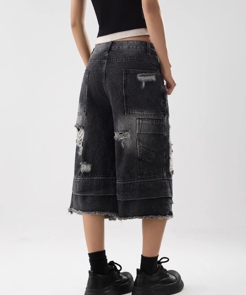 ダブルウエスト クラッシュ ハーフデニムパンツ