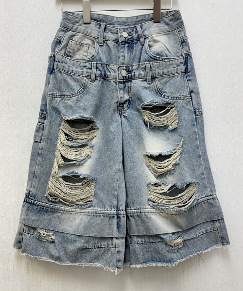 ダブルウエスト クラッシュ ハーフデニムパンツ