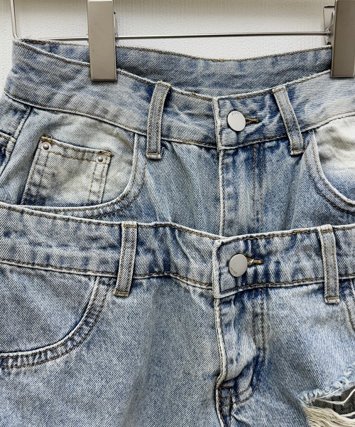 ダブルウエスト クラッシュ ハーフデニムパンツ