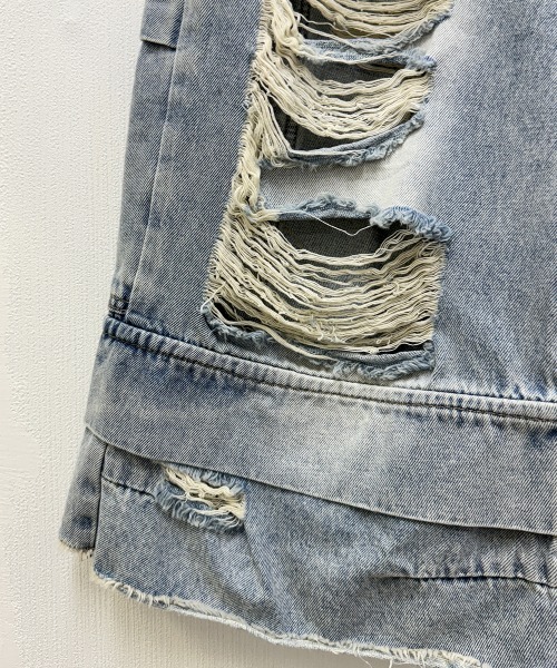 ダブルウエスト クラッシュ ハーフデニムパンツ