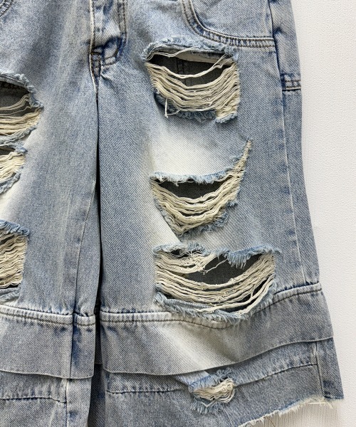 ダブルウエスト クラッシュ ハーフデニムパンツ