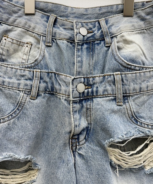 ダブルウエスト クラッシュ ハーフデニムパンツ