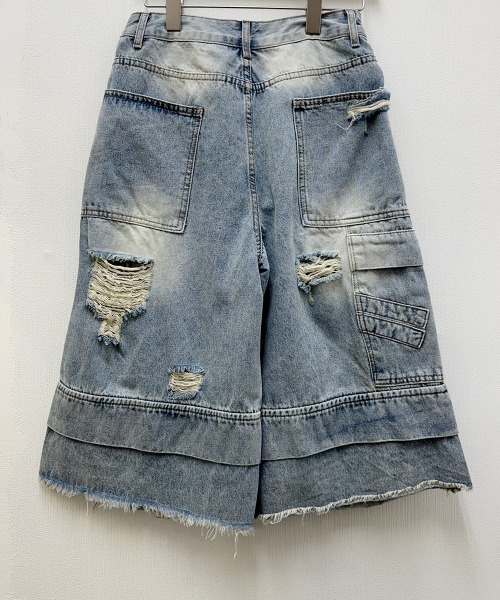 ダブルウエスト クラッシュ ハーフデニムパンツ