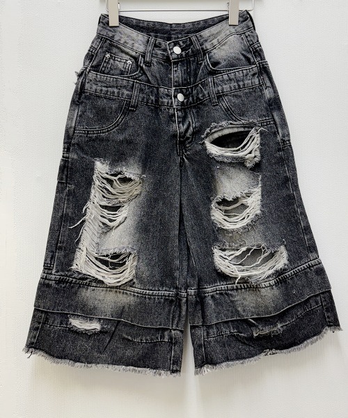 ダブルウエスト クラッシュ ハーフデニムパンツ