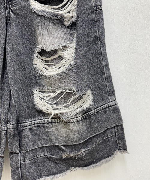 ダブルウエスト クラッシュ ハーフデニムパンツ